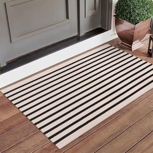 LEEVAN Washable Proch Rug Soft Entryway Rug 2.3'X3.6', Cotton Woven Bathroom Rugs Front Porch Decor Black and White Area Rug Outdoor Rug - color: Black and White, size: 2'4" x 3'7" (Rectangular)