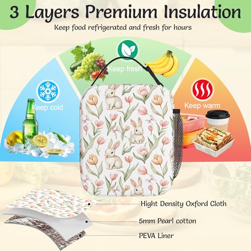 Cute Rabbit Easter Lunch Bag for Kids,Pink Bow Tulip Flower Insulated Lunch Box for Women, Large Capacity with Mutiple Pockets Gilrs Boys School Thermal Bag for Work,Picnic,Hiking - color: Cute Rabbit Easter
