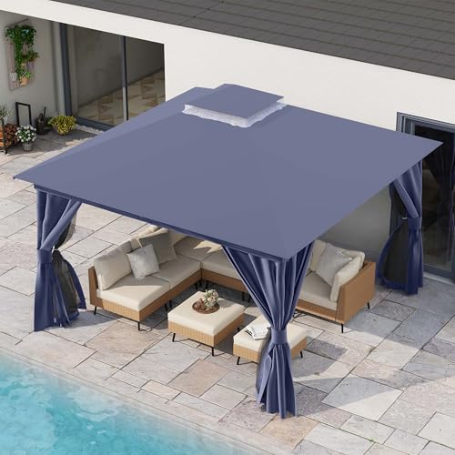 LAUSAINT HOME 12'x12' Outdoor Gazebo, Metal Frame Heavy Duty Patio Canopy Tent Shelter with Double Roofs, Mosquito Nettings and Privacy Screens for Backyard, Garden, Lawn, Navy Blue - color: Navy Blue, size: 12'x12'