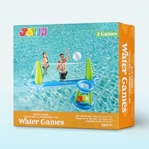 JOYIN Inflatable Volleyball Net & Basketball Hoops Pool Float Set; Balls Included for Kids and Adults, Summer Pool Game, Floaties, Volleyball Court (105”x28”x38”) Basketball (27.6”x23”),Green,Blue - color: Green Blue, size: Large