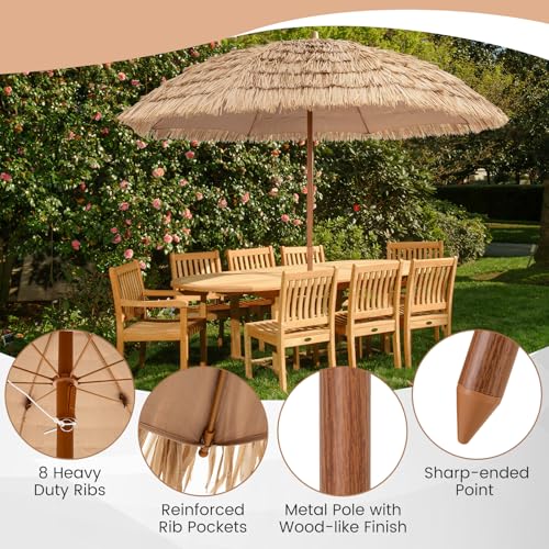 Tangkula 8Ft Tiki Patio Umbrella, UPF50+ Hawaiian Style Outdoor PE Grass Umbrella with 8 Ribs, Portable Thatched Beach Umbrella for Garden, Yard, Poolside - color: Natural, size: 8Ft