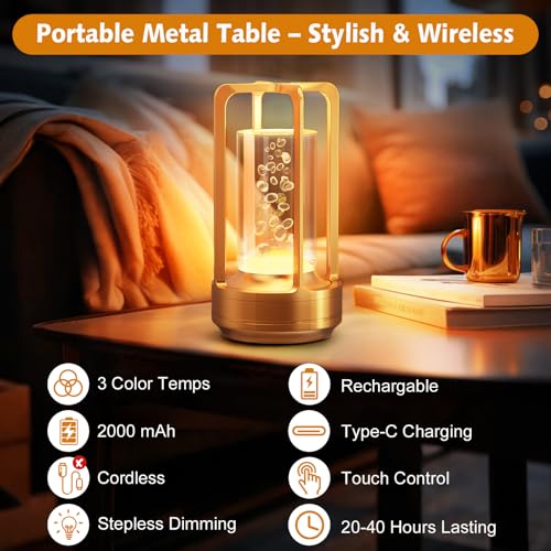 Portable Table Lamp for Outdoor Indoor: Cordless Rechargeable Desk Lamp with 3 Color Stepless Dimmable - Metal Battery Operated Lantern Light for Bedroom/Bar/Coffee Shop/Camping (Gold (Bubble)) - color: Gold (Bubble)