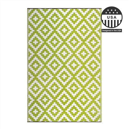 FH Home Outdoor Rug - Waterproof, Fade Resistant, Reversible - Premium Recycled Plastic - Geometric - Patio, Deck, Porch, Balcony, Laundry Room - Aztec - Green & White Crease Free - 4 x 6 ft - color: Aztec - Green & White, size: 4' x 6' (Rectangular)