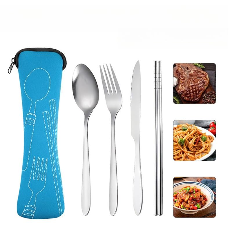 4-piece Cutlery Set, Rust-resistant Stainless Steel Utensils, Suitable for Travel, Camping, Picnics, Work, and Hiking (Blue) - color: Blue