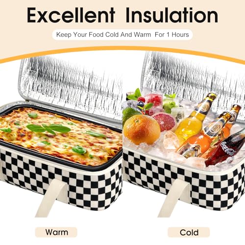 Corduroy Casserole Carrier, Insulated Lasagna Lugger for Hot/Cold Food, Fits 9" x 13" Baking Dish, Thermal Lunch Tote for Potluck & Picnic -Corduroy Black Checkered - color: Corduroy Black Checkered, size: 16x10x4 in