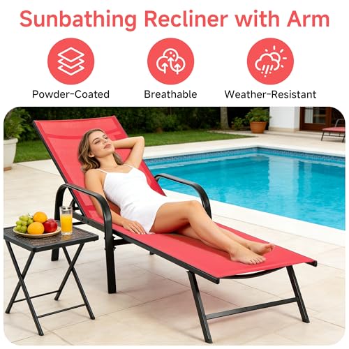 DUMOS Outdoor Lounge Chaise, 5-Position Chaise Lounge with Armrests, Sun Tanning Chair 350 lbs Heavy Duty Patio Pool Chair, Waterproof Sun Lounger for Deck, Backyard, Beach & Poolside, Red - color: Bright Red