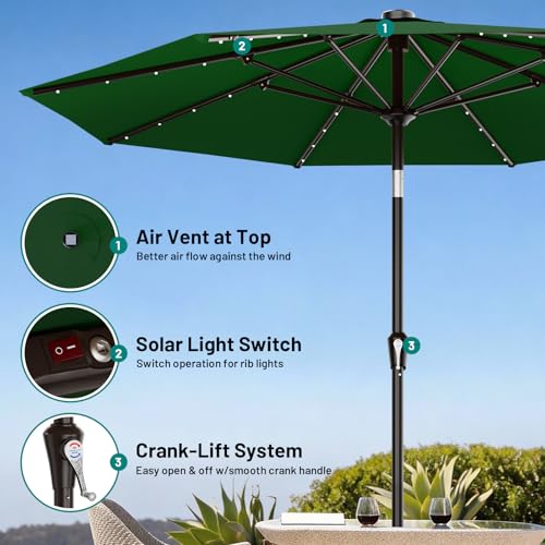 AreShark 9FT Patio Umbrella with Solar Lights, 32 Lighted Pool Umbrella w/Tilt and Crank, Outdoor Market Solar Umbrellas for Garden, Deck, Backyard, Pool and Beach, Dark Green - color: Dark Green, size: 9 Ft