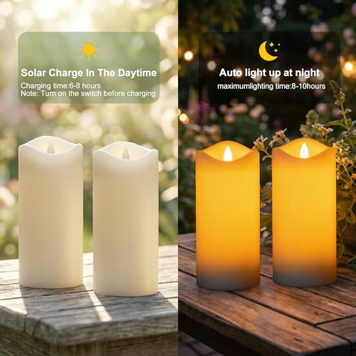 Large Solar Candle Lights Outdoor,Flameless Pillar IP65 Waterproof White Fake Candle,Dusk to Dawn,Solar Powered LED Candles for Patio Yard Deck Window Decor,Mothers Day Gifts,3"x6",Set of 2 - color: D3"xH6", 2 PCS