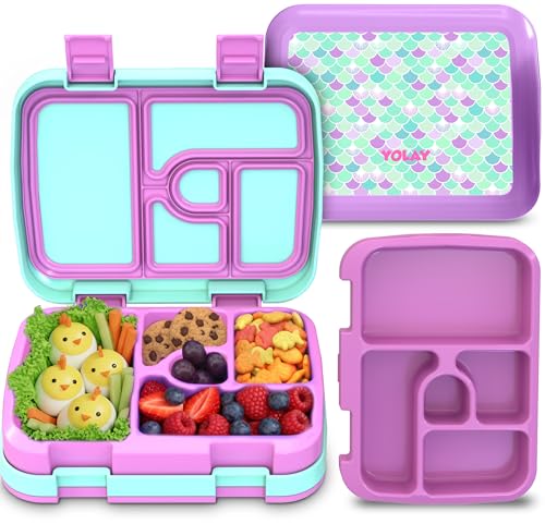 YOLAY Bento Box for Kids Lunch Box Leak-Proof, 5-Compartment Lunch Box Kids for Ages 3-10, Durable with Anti-Slip Base, Suitable for Schools, Outdoor and Travel (Mermaid) (Scallop) - color: Scallop