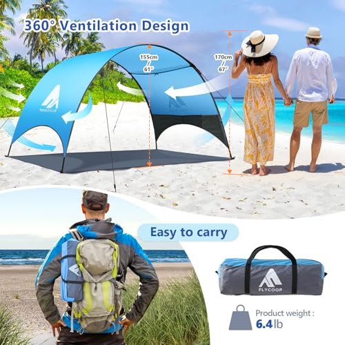 Beach Tent - Beach Shade Canopy Compact Fold (16.9x3.9″), Own Patent, 360° Ventilation, Large Side Storage Pocket, UV Protection Portable Sun Shelter for Beach (Blue, 106 * 65 * 61″) - size: 106*65*61″ without sail