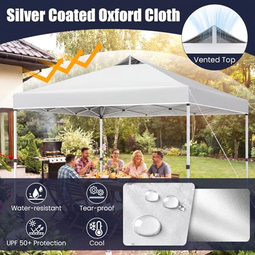 Tangkula 10 x10 Ft Pop Up Canopy with Center Lock, UPF 50+ One-Button Setup Outdoor Canopy Tent with Roller Bag, 4 Sand Bags, Heavy-Duty Steel Frame, 8 Stakes, 4 Ropes for Camping, Picnic - color: White