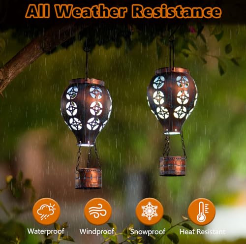 Hot Air Balloon Solar Lantern for Garden Decor,2 Pack Matal Hanging Lantern,Outdoor Metal LED Solar Lights for Yard Patriotic Trees Decor - style: Copper Blue -2 Pack