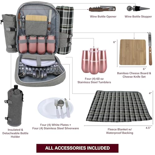 Truvelli Picnic Backpack for 2 with Blanket – 12-in-1 Insulated Picnic Basket Backpack Set with‬ Wine Holder, Cutlery & Cheese Board – Luxury Picnic Back Pack for Couples, Outdoor‬ Adventures, Gray - color: Gray