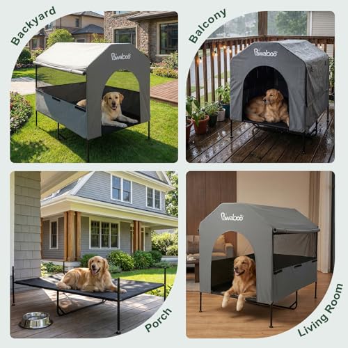Pawaboo 47'' XL Dog House Outdoor for Medium Large Breeds, Weatherproof Large Dog Shelter, Elevated Dogs Bed & Breathable Mesh Windows, Larges Dogs Houses Outdoor/Indoor for All Seasons, Grey