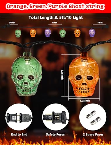 Halloween Skull String Lights Outdoor, 8.5Ft Ghost Head Lights with 10 LED Orange Green Purple Skull Head Lights, Hanging Halloween Decoration Skeleton Light for Patio, Porch, House, Party Decorations - color: Multicolor Ghost