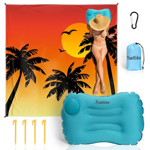 Beach Blanket, Waterproof Sandproof Beach Mat with Stakes and Inflatable Camping Pillow, 79" X 83" Quick Drying Lightweight & Durable Outdoor Picnic Mat with 4 Corner Pockets for Beach Camping - color: Coconut Tree