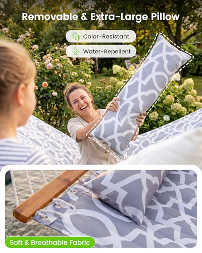 ANAGOO Double Quilted Outdoor Hammock for 2 Adults, 500lb Capacity Backyard & Camping Hammock with Pillow and Bamboo Spreader Bar, Fits 11–15ft Hammock Stands (Stand Not Included),Light Gray - color: Light Gray(without Stand)