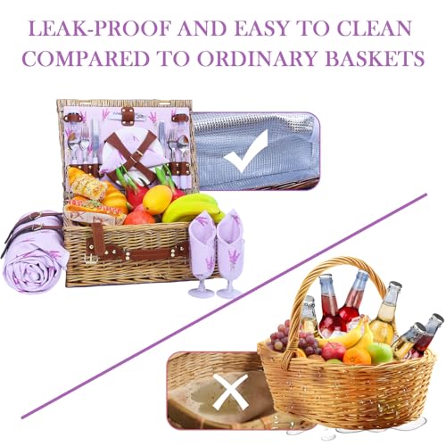 Neti Neti Wicker Picnic Basket for 4 with Insulated Cooler & Waterproof Blanket – Large Willow Picnic Hamper for Outdoor, Camping, Beach, Romantic Dates, Valentine’s Day - color: Purple Flowers