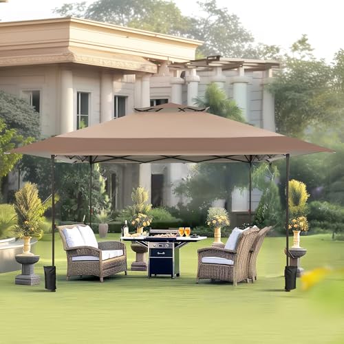 PHI VILLA 13x13 Pop up Canopy Tent Instant Outdoor Easy One Push Tent with Wheeled Carry Bag, Straight Legs 169 Square Feet of Shade, Brown, Steel Frame, 150D Oxford Cloth - color: Beige
