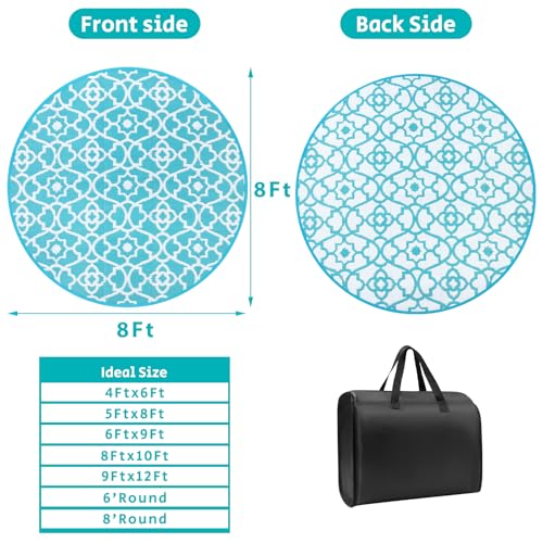 HEBE Outdoor Rug Waterproof 8ft, Plastic Straw Rug Camping Rug, Reversible Outdoor Patio Rugs RV Mat Clearance, Indoor Outside Floor Carpet for Porch,Deck,Camper,Balcony,Backyard - color: Teal, size: 8' (Round)