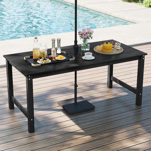 Tangkula HDPE Outdoor Dining Table for 6 Person, 67” Patio Table with Wood-Like Tabletop and Umbrella Hole, Weather-Resistant Rectangle Table for Garden, Backyard and Poolside (Black, 1 Table) - color: Black, size: 1 Table