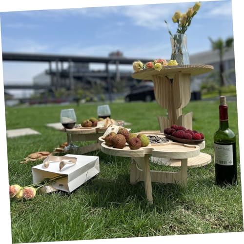 Portable Folding Beach Table for Outdoor Picnic and Camping, Wood Wine Desk with Wine Holder Tray, 35cm Diameter Portable Beverage Table for Patio and Lawn Use