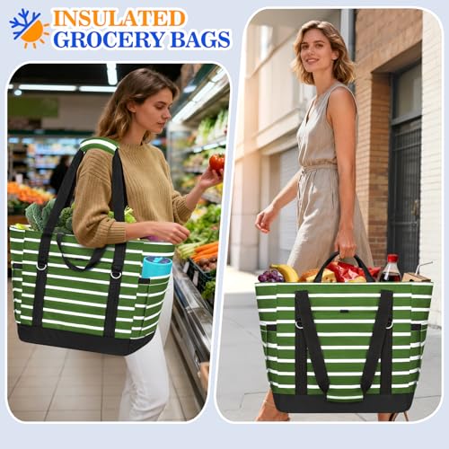 HUANLANG Soft Cooler Bag Insulated for Travel,Large Insulated Grocery Bags with Zippered Top,PEVA Collapsible Food Delivery Cooler Bag for Beach, Travel, Picnics - color: Army green and white stripes