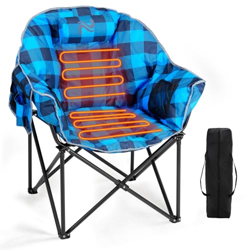 LILYPELLE Oversized Heated Camping Chair, Patio Lounge Chairs with 3 Heat Levels, Portable Folding Heated Chair Round Moon Saucer Folding Lawn Chair Outdoor Chair for Camping, Lounge Patio - color: Blue Grid, style: Heated Moon Chair