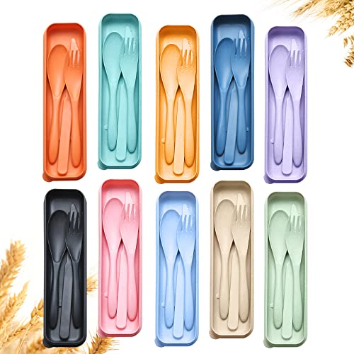 Reusable Travel Utensils Set with Case, 10 Sets Wheat Straw Portable Plastic Fork Spoons Knife Camping Cutlery, Eco-Friendly BPA Free Lunch Tableware for Kids Adults Travel Picnic Utensils - color: 10 Sets - Multiple Colors