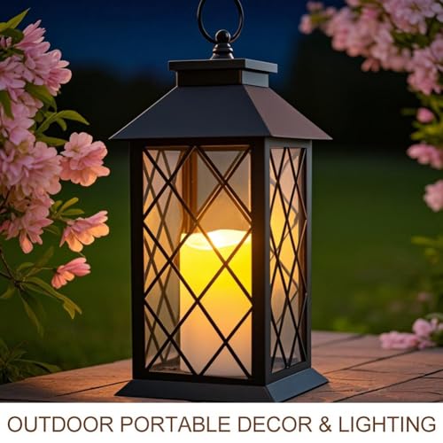 2-Pack 13.5" Vintage Candle Lantern with LED Pillar Candle (Black, 6hr Timer) - IP44 Waterproof Battery Powered Decorative Light - Outdoor Patio Hanging Lantern Decorative Tabletop Light - color: [ 2-pack ] Textured Black Lantern - White Candle, size: 13.