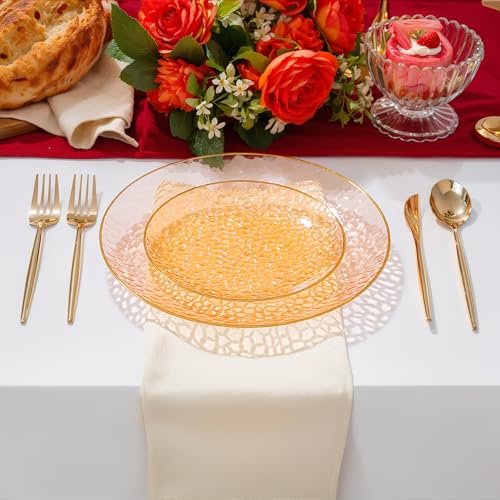 Rubtlamp 60Pcs Orange Plastic Plates, Orange Disposable Plates With Gold Rim, Hammered Plastic Plates Include 30 Dessert Platos, 30 Dinner Platos for Party - color: Clear Orange Gold