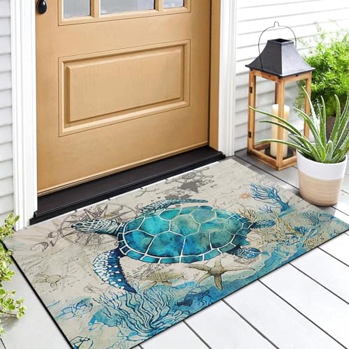 Arttown Summer Sea Turtle Ocean Painting Door Mat, 17 x 30 Fish Blue Vintage Doormat Decorative Home Floor Mat, Non Slip Rubber Back and Strong Water Absorption for Outdoor Indoor Entrance Decor - color: Underwater Ocean Turtle