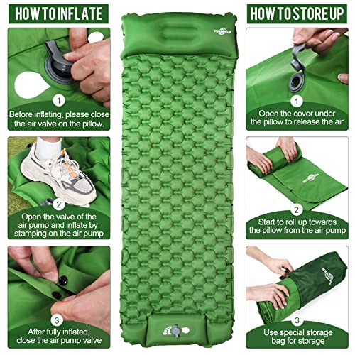 WANNTS Sleeping Pad, Ultralight Inflatable Sleeping Pad for Camping, Built-in Pump, Ultimate for Camping, Hiking - Airpad, Carry Bag, Repair Kit - Compact & Lightweight Camping Pad(Green) - color: Green