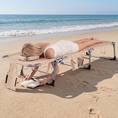 COSTWAY Tanning Chair with Face Hole, Folding Beach Lounge Chair with 4-Position Adjustable Backrest, Pillow & Side Pocket, Foldable Chaise Lounge Chair Outdoor for Sunbathing, Camping (1, Beige) - color: Beige