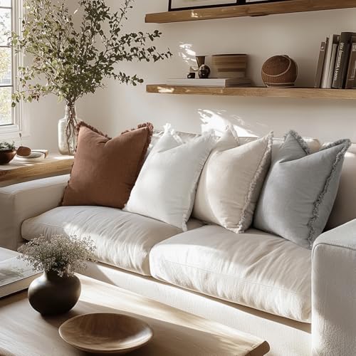 MIULEE Decorative Couch Pillow Covers Neutral Linen Fringe Throw Pillows Set of 4 Modern Cushions Boho Farmhouse Pillowcases for Bed Sofa Living Room Spring Home Decor 18x18 Inch Beige/Brown/Grey - color: Neutral, size: 18" x 18" (Pack of 4)