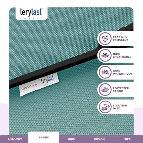 Midtown Umbrellas - 10-Year-No-Fade 8 Ft Patio Umbrella with Terylast Fabric, Auto-Tilt Aluminum Frame and 8 Reinforced Ribs for Deck, Pool, Garden & Beach - Aqua Canopy, Black Pole - color: Terylast Fabric - Seawater, size: 8 Foot