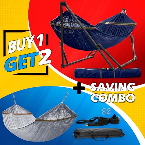 Tranquillo Combo x2 Hammocks with Stand for Outside & Tree Straps, Heavy Duty Hammock with Stand 600lbs for Indoor Outdoor Patio Backyard, x2 Hammocks for 2 Person, Portable Carrying Bags, Aegean - color: Combo - Aegean