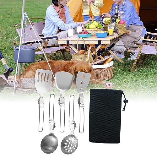 Esquirla 6Pcs Camp Cooking Utensil Set,Outdoor Kitchen Gear, Foldable Cooking Organizer Metal Camping Kitchen Utensil Set, Cookware Kit for Camp RV, BBQ
