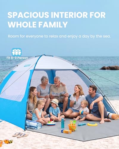 OutdoorMaster Beach Tent for 3/4/6/8 Person - Easy Setup Sun Shade Shelter, Portable Beach Shade Sun Canopy with UPF 50+ UV Protection, Removable Skylight Family Size - color: Icy Blue, size: 8 Person