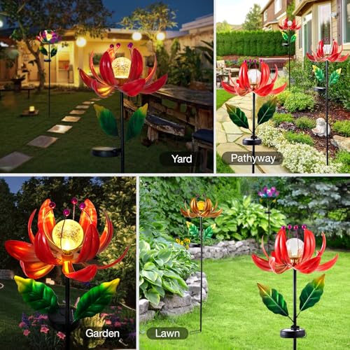 Solar Lights Outdoor Wind Spinners, Metal Lotus Flower Garden Decor with Waterproof LED Crackle Glass Globe for Patio Lawn Yard Outdoor Decor - color: Red