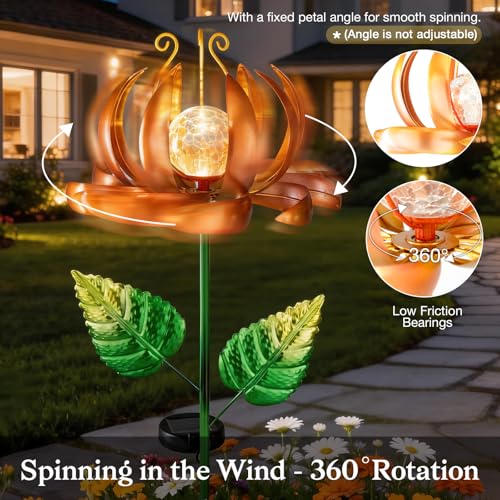 Solar Yard Lights Wind Spinners- Metal Lotus Flower Garden Decor LED Crackle Glass Globe Yard Art Sculpture Solar Stake Lights for Patio Pathway Lawn Walkway (Yellow-Large) - color: Yellow-large