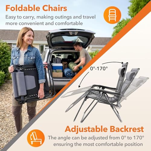 Simple Deluxe Relaxing Recliners Patio Chairs Adjustable Steel Mesh Zero Gravity Lounge Chair Beach Chairs with Pillow and Cup Holder, Black Grey - color: Black Grey, size: 62.2"(L) x 29.13"(W) x 41.73"(H)