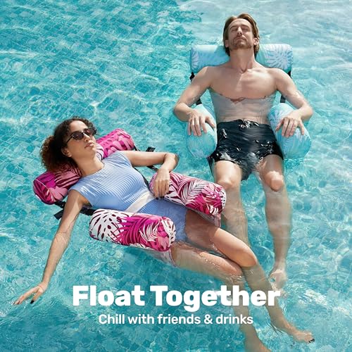 SLOOSH Inflatable Pool Floats Adult,2 Packs Floating Lounge Chairs,Blow up Pool Noodles for Adult Heavy Duty,Floating Chair for Party Summer Water Beach Lake Fun - style: Tropical Leaves-Cyan, Pink