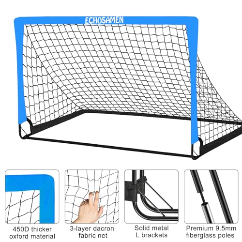 Kids Soccer Goals for Backyard, 2 of 6 x 4 ft Kids Soccer Goal Set Soccer Net with 10 Soccer Cones, Agility Ladder & Carry Bag, Portable Soccer Training Equipment. - color: Blue