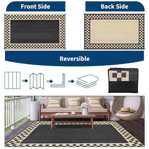 10x14 Large Outdoor Rug Waterproof Weather Resistant Patio Rug with Stakes & Carry Bag, Reversible Plastic Straw Modern Outdoor Carpet for Garden Backyard Balcony RV Mat Black Beige - color: Border1|black Beige, size: 10' x 14' (Rectangular)