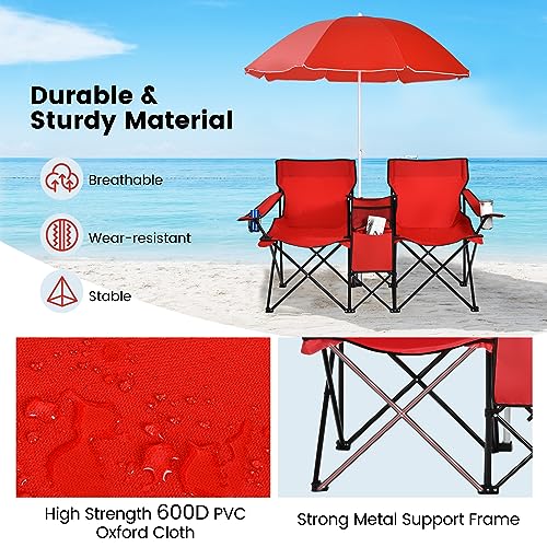Double Camping Chair, 2-Person Portable Beach Chair w/Removable Umbrella, Cup Holders & Carrying Bag, Folding Loveseat Chairs for Adults Outdoor Picnic (Red) - color: Red