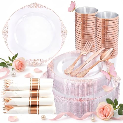 Nervure 350PCS Rose Gold Plastic Plates - Rose Gold Plastic Dinnerware Sets for 50 Guests - 100 Disposable Plates, 150 Silverware, 50 Cups, 50 Napkins Perfect for Wedding & Party & Mothers Day - color: White and Rose Gold