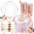 Nervure 350PCS Rose Gold Plastic Plates - Rose Gold Plastic Dinnerware Sets for 50 Guests - 100 Disposable Plates, 150 Silverware, 50 Cups, 50 Napkins Perfect for Wedding & Party & Mothers Day - color: White and Rose Gold