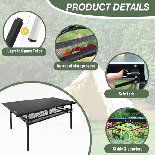 Large Folding Camping Table Aluminum with Storage for 4-6 People 55"X27.5" Roll Up Tall Outdoor Portable Table Lightweight with Carry Bag for Picnic BBQ Backyard Beach - color: Black-55*27.5-2.08in Panel