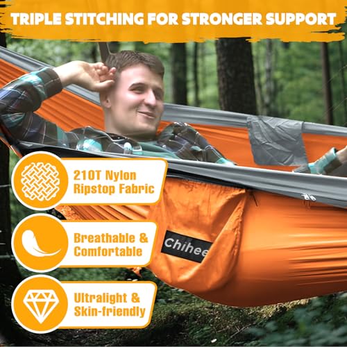 Chihee Ultra-Light Travel Camping Hammock Pop-up Net Hammock 660lbs Load Capacity,Breathable,Quick-Drying Parachute Nylon 2 Premium Carabiners,2 Tree Slings Included for Outdoor Backpacking Hiking - color: Orange/Grey